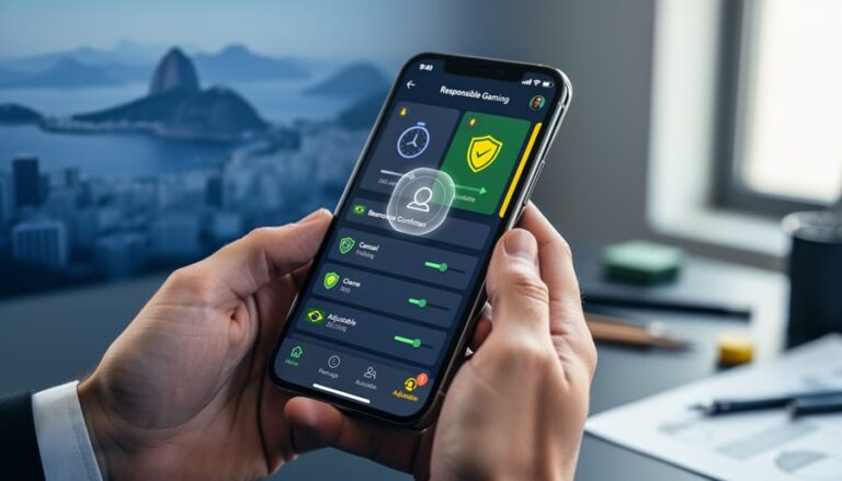 Designer holding a smartphone with responsible gaming icons and an overlay confirmation symbol, photographed at an angle with Brazilian-themed colors and a blurred Rio skyline in the background.