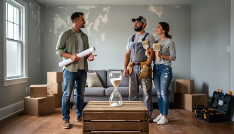 Three prospective buyers—investor, flipper, and DIY couple—assessing a slightly distressed living room with peeling paint and scuffed floors, hourglass on a crate symbolizing fast timelines, soft daylight, moving boxes and a toolbox blurred in the background.