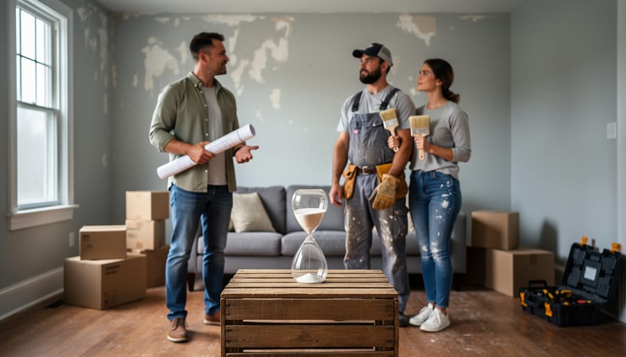 Three prospective buyers—investor, flipper, and DIY couple—assessing a slightly distressed living room with peeling paint and scuffed floors, hourglass on a crate symbolizing fast timelines, soft daylight, moving boxes and a toolbox blurred in the background.
