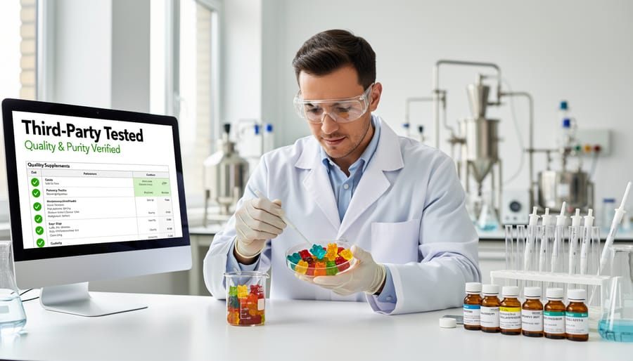 Gloved hands holding a clear lab vial on a bench in a laboratory setting