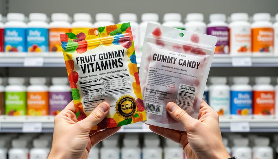 Hands comparing hemp-derived THC gummy packages on a kitchen counter in soft natural daylight