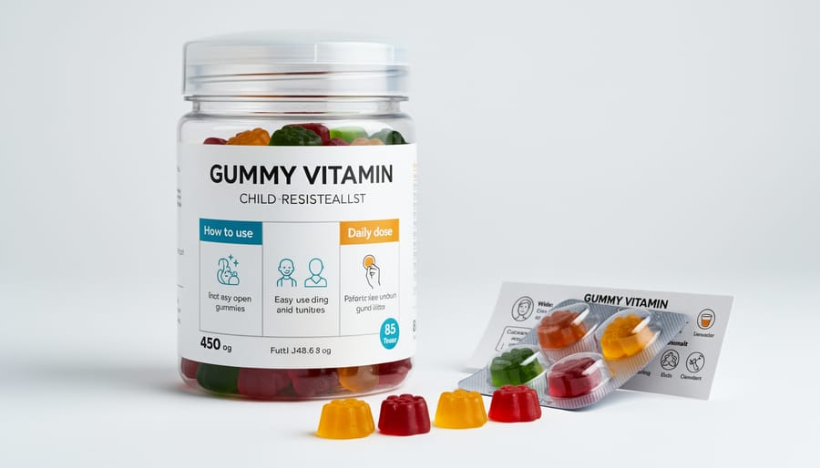Macro view of resealable container with hemp-derived THC gummies on parchment