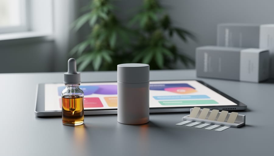 A modern designer workspace with hemp-derived THC gummy product items and a tablet showing abstract UX interface shapes, photographed in soft natural light.